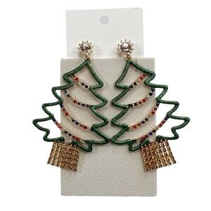 Oversized Large Metal Rhinestone Christmas Festive Tree Statement Earrings